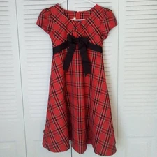 BONNIE JEAN RED TARTAN PLAID MIDI SZ 10 FRONT BLACK BOW TIE IN BACK ZIPPER LINED