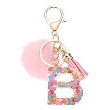 Alphabet Initial Letter B Keychain, Cute Tassel Fur Ball Pom Key Chain, Pink