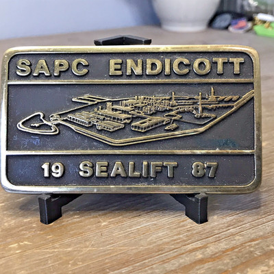 SAPC ENDICOTT Solid Brass BELT BUCKLE 1987 SEALIFT Oil Rig ANACORTES   ~Z30~