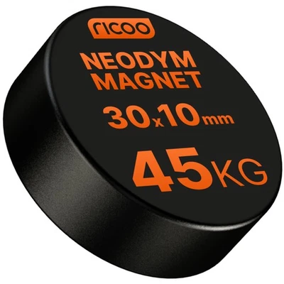 RICOO Disco Neodimio Power Magnete 30x10 mm Tondo N45 45Kg Forza di Aderenza 1pz Nero