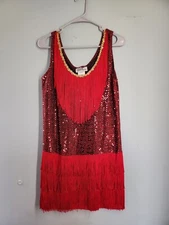 California Costume Collection Dress Medium Red Flapper Fringe Sleeveless Vintage