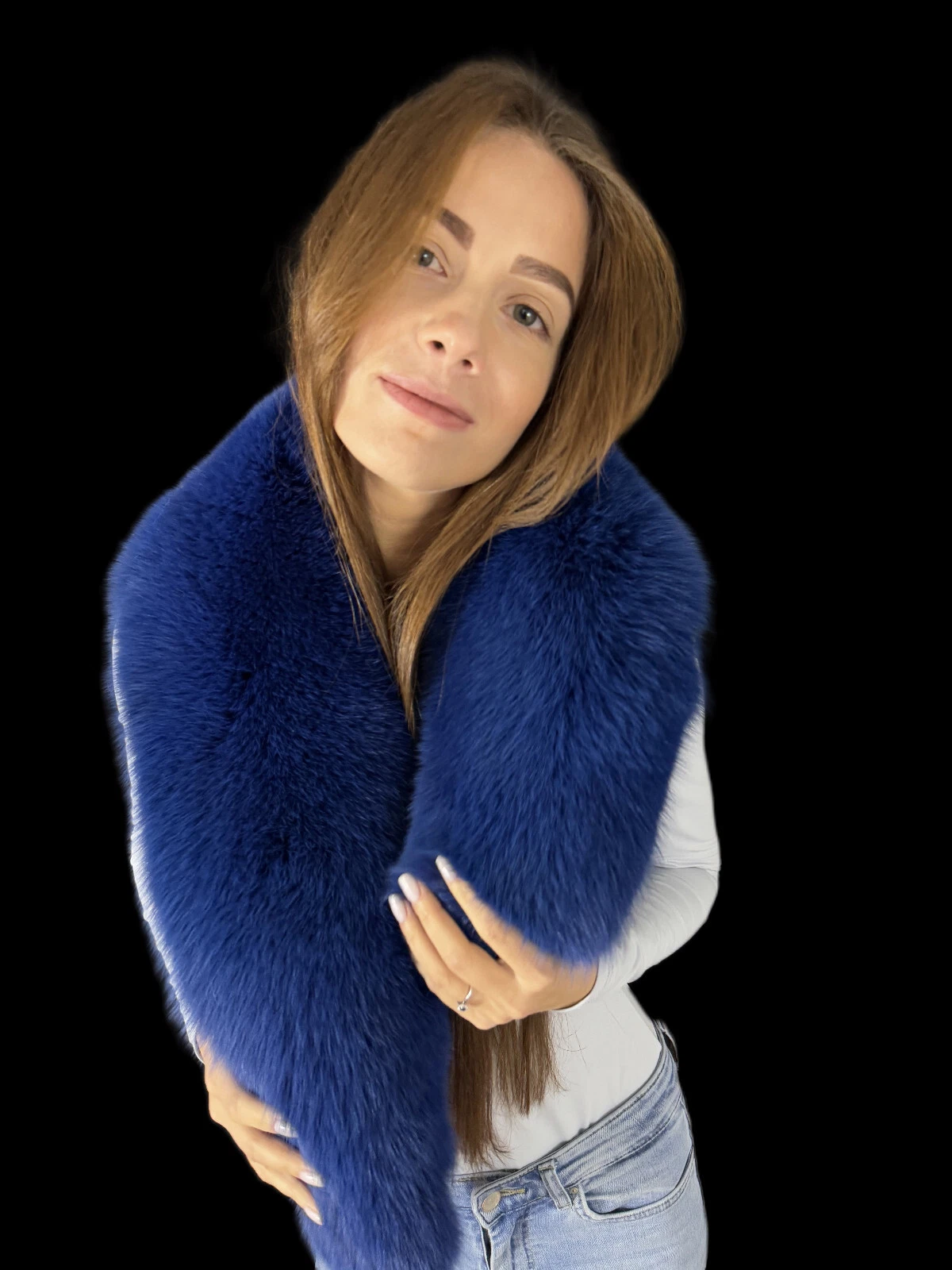 Fox Fur Scarf 43" (110cm) Royal Blue Color Saga Furs Real Fur Collar Stole