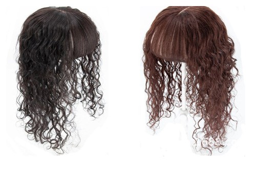 Women Curly Real Human Hair Silk Base Topper Bangs  Large Base Top  Wiglet - Picture 2 of 12