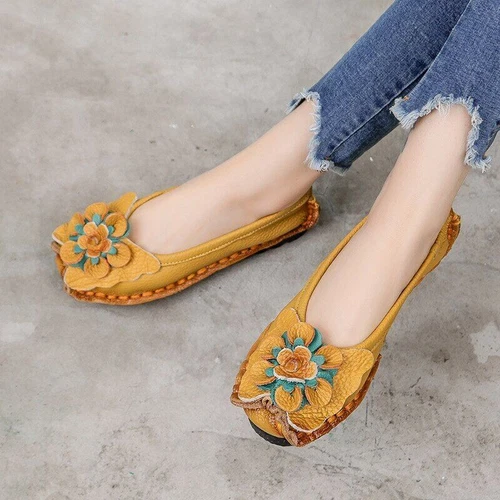 Leather Flat Shoes Women Flats with Flowers Ladies Soft Shoes Loafers Slip On - Imagen 16 de 21