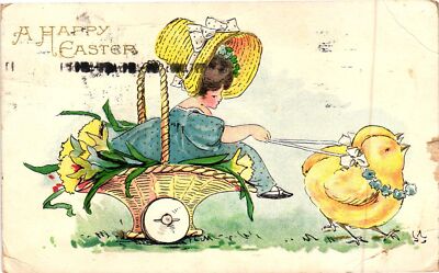 Vintage Postcard- Girl riding in a basket pulled by chicks, A Happy Easter