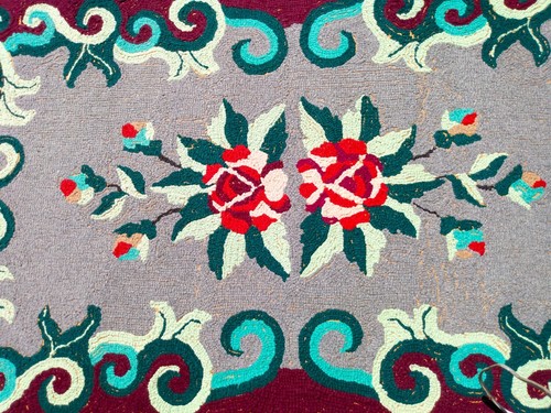 Antique Hooked Rug Turquoise Maroon Floral Art Nouveau 48 x 30 1940s - Picture 12 of 18