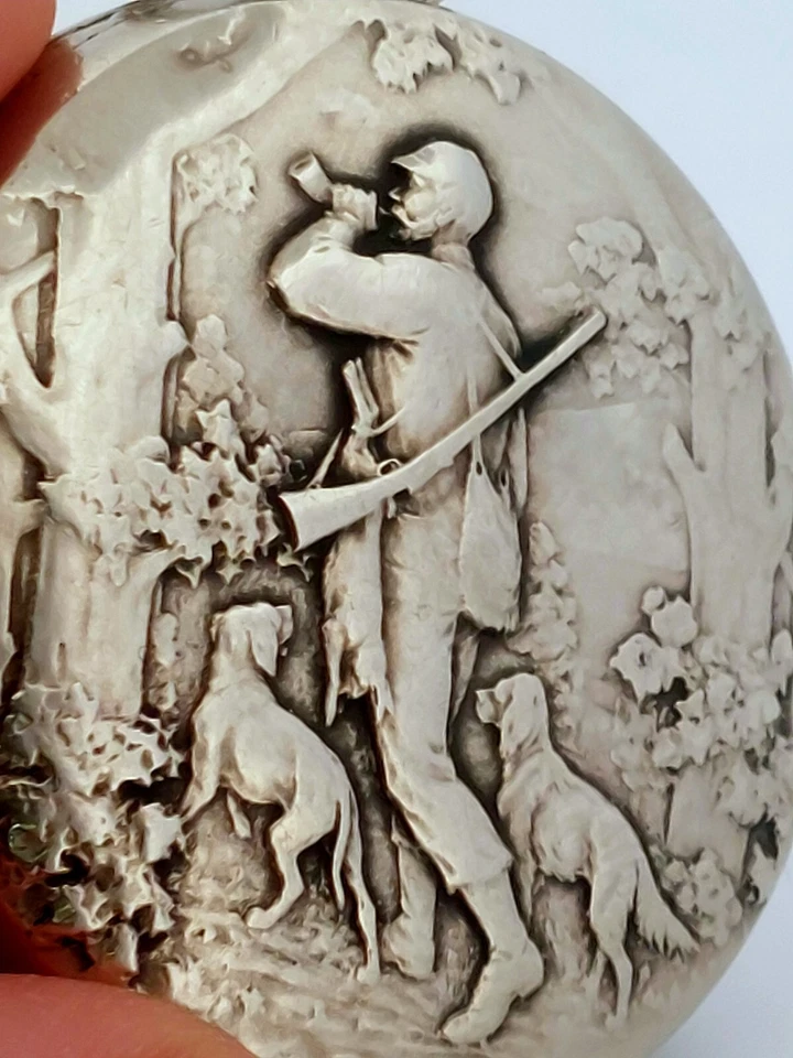 Antiguo Reloj Bolsillo Suizo Hebdomas Arnex 8 Días - 50mm con Escena de Cazador - Funciona Foto 3 de 4