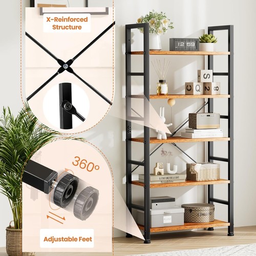 Sweetcrispy 5-Tier Bookshelf, Tall Industrial Bookcase for Home Office, brown - Picture 5 of 7