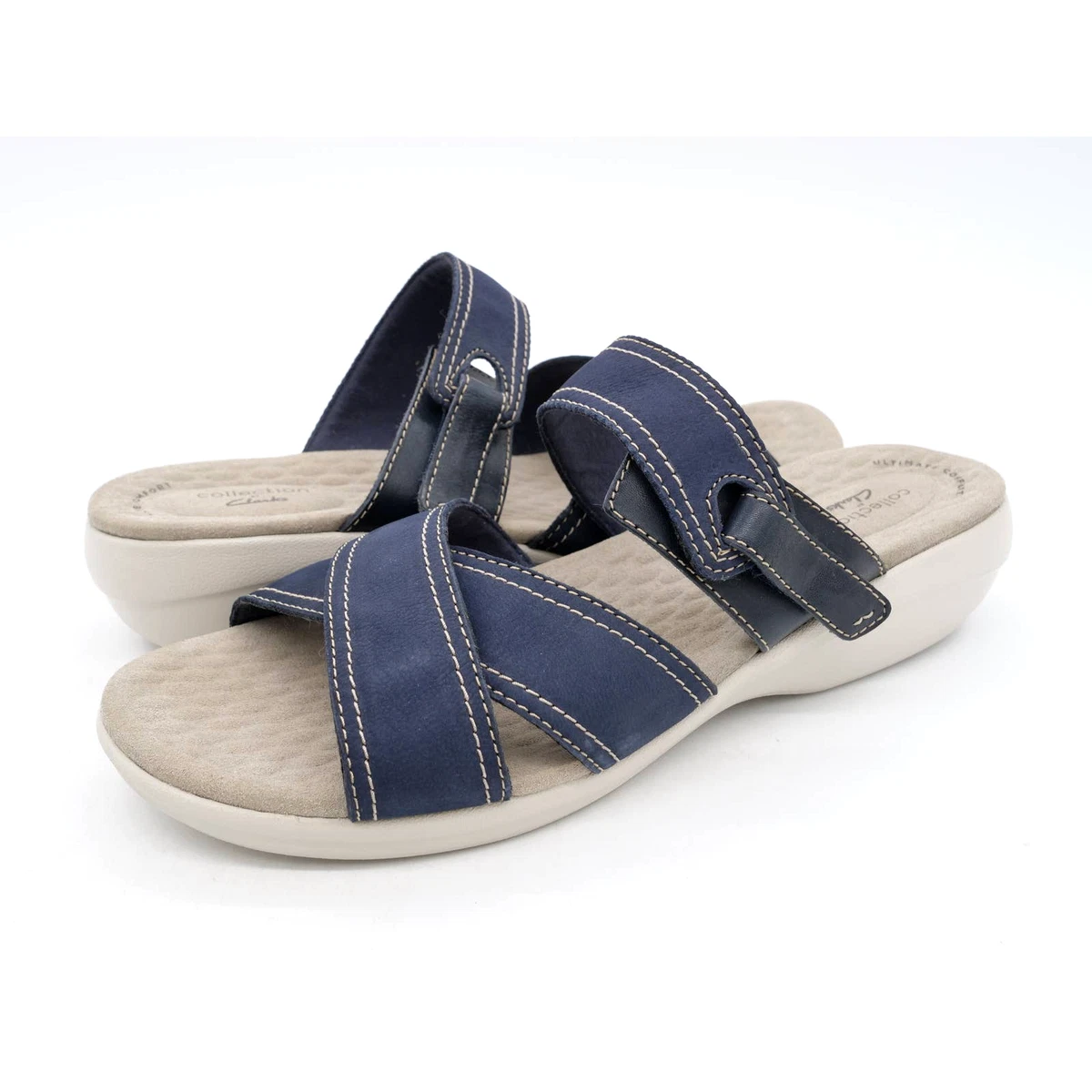Clarks Sandals Womens 10 Wide Slides Blue Leather Wedge Heel Nova Glint  Slip On | eBay