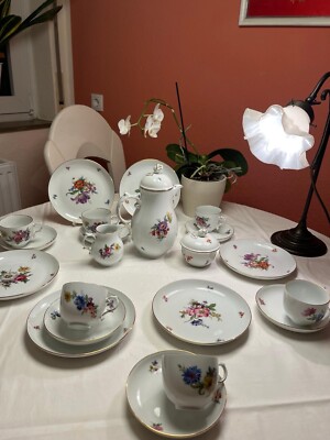 FÜRSTENBERG BUNTE BLUME Mit Goldrändern Verziert KAFFEESERVICE 21tlg.6Personen 