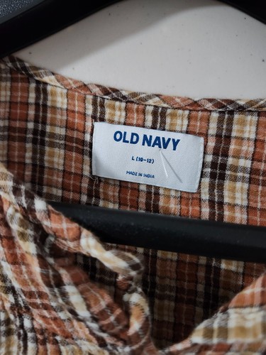 Old Navy Dress Girls L Brown Puff Sleeve Tier Flare Plaid Tie Gauze Woven Boho - Picture 14 of 16