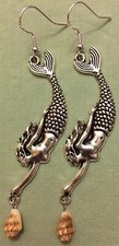 MERMAID with REAL SHELL DANGLE EARRINGS - Pewter with Sterling Silver Ear Wires