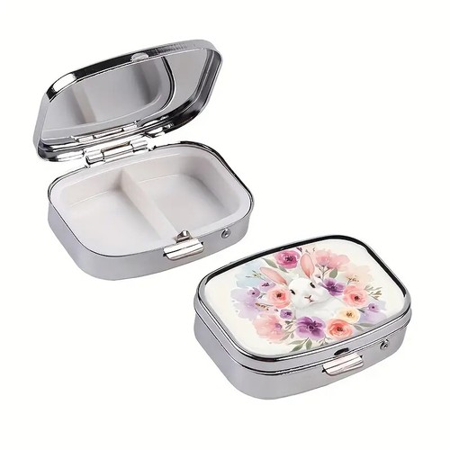 Pink Floral Rabbit Design Metal Pill Box - 2 Compartment Portable Size - Picture 6 of 8