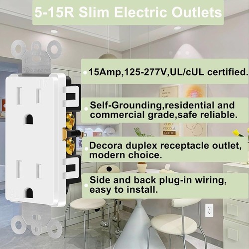 15 Amp Decora Tamper Resistant Outlet,3 Wire Square Outlet Wall Plug,UL/Cul - Foto 2 di 8