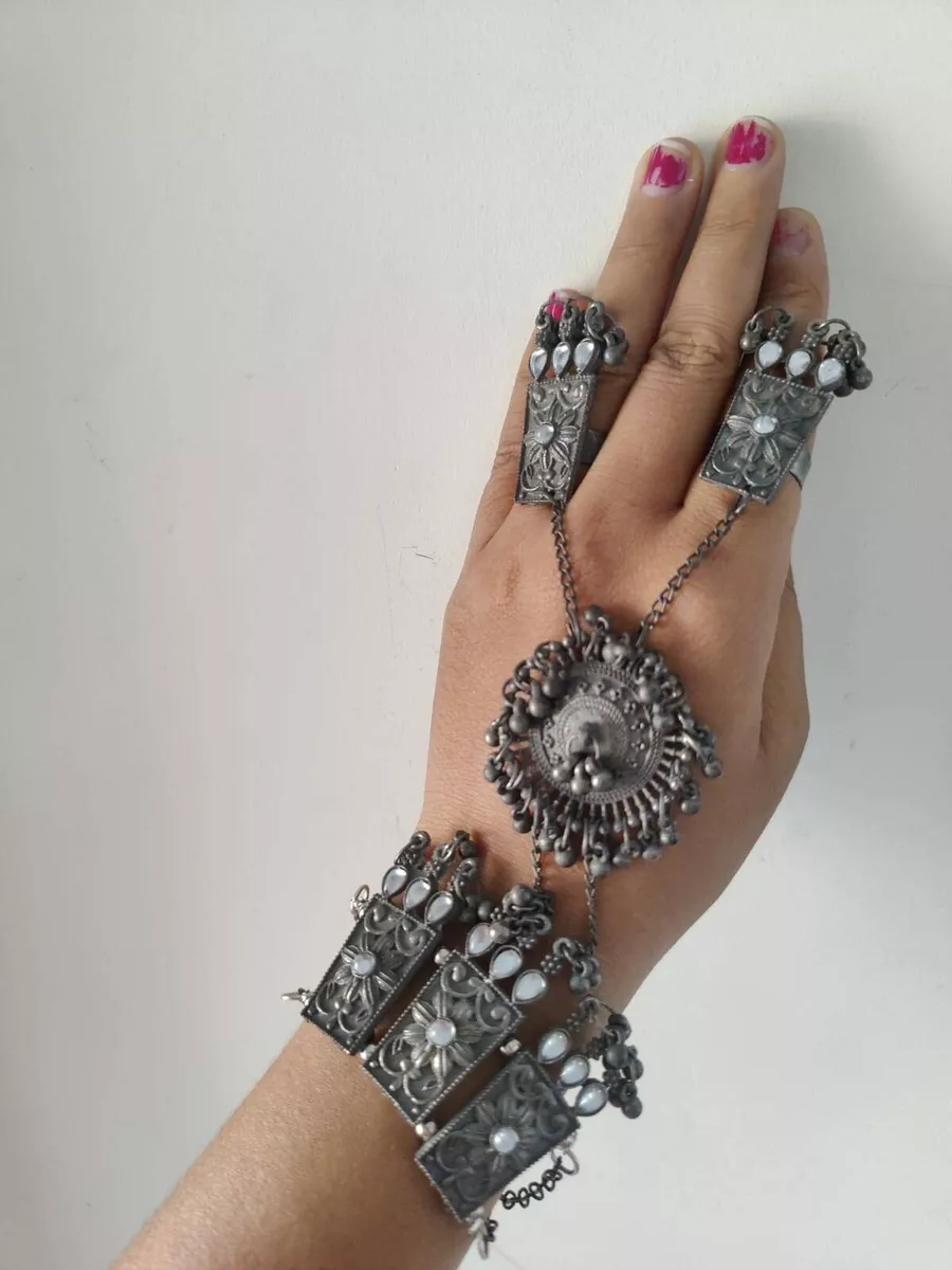 Oxidised Hand harness Kundan studed bracelet with ring Combo Hand