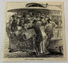 1882 magazine engraving ~ STREET-RAILROAD DISCOMFORT crowded trolley