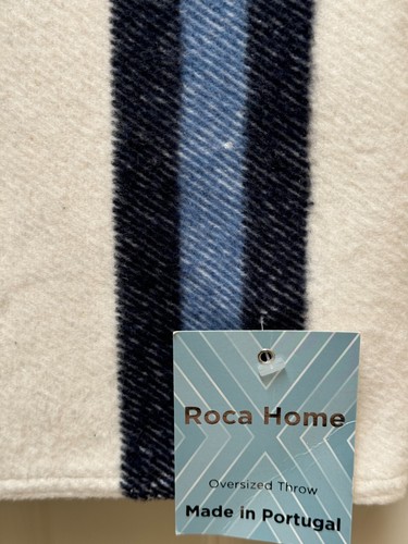 Roca Home Made in Portugal Throw Blanket Blue Cream Stripe reversible Lg 50 x 67 - Picture 3 of 5