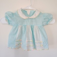 Vintage Baby Girl Light Blue Shirt Sleeve Dress Pastel Trim Spring 12 Mos