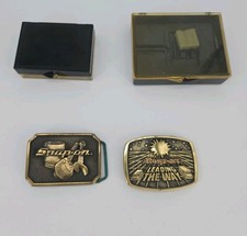 Snap On Tools Vintage Belt Buckle Lot Of 2 Brass 80s With Cases Advertising