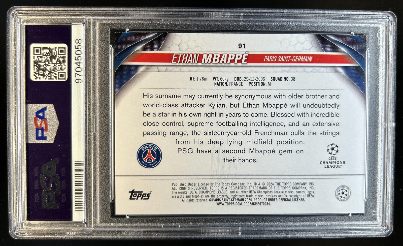 2023-24 Topps UEFA Ethan Mbappe Pink Sparkle Rookie RC #91 PSG PSA 9 view 2