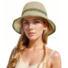 Floppy Big Beach Straw Hats for Women Foldable Summer 7 1/8-7 1/4 Beige-green