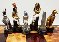 Egyptian Anubis Gold & Silver Chess Men Set W/ Color Accents