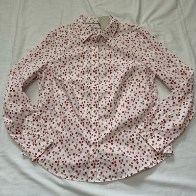 New BODEN 12 The Classic Shirt White Red Pink Strawberry Button Up Long Sleeve