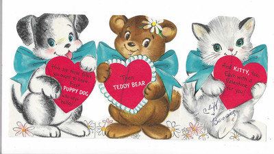 vtg Hallmark tri-fold Three Folks PUPPY DOG TEDDY BEAR KITTY VALENTINE CARD E