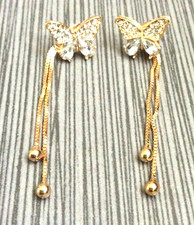 Women's Gold Plated Crystal Butterfly Dangling Earrings 2" Long New Beauties 