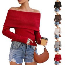 Off Shoulder Knitted Sweater Women Slim Pullover Long Sleeve Knitwear Tops S/M/L