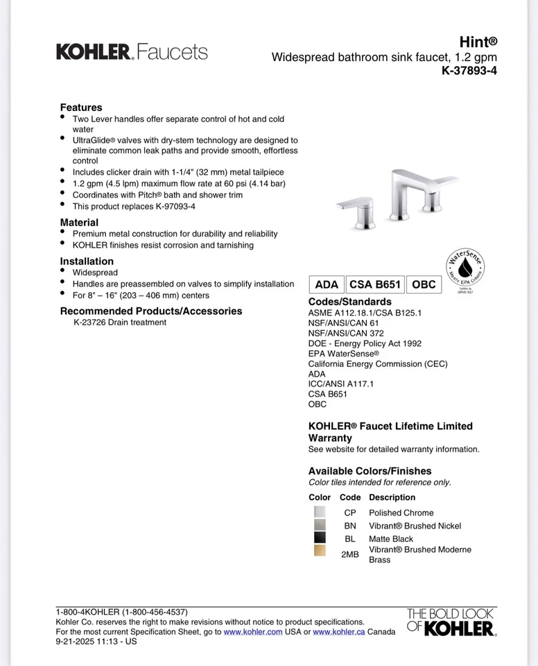 KOHLER Hint® Grifo de lavabo de baño amplio, 1,2 gpm K-37893-4-2 MB Foto 3 de 4