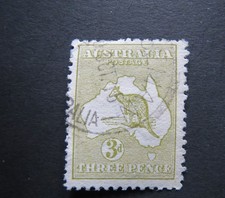 AUSTRALIA.1913.ROO & MAP.3d OLIVE 1ST WMK INVERTED DIE 2. GOOD USED.