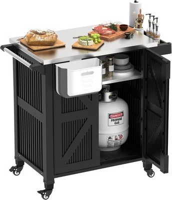 Outdoor Kitchen Island with Storage Cabinet,Movable Grill Cart with Stainless St