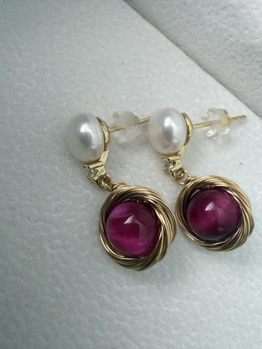 Pearl fresh water,Stud Pink Bead Drop Earrings Yellow Gold Tone Butterfly Backs