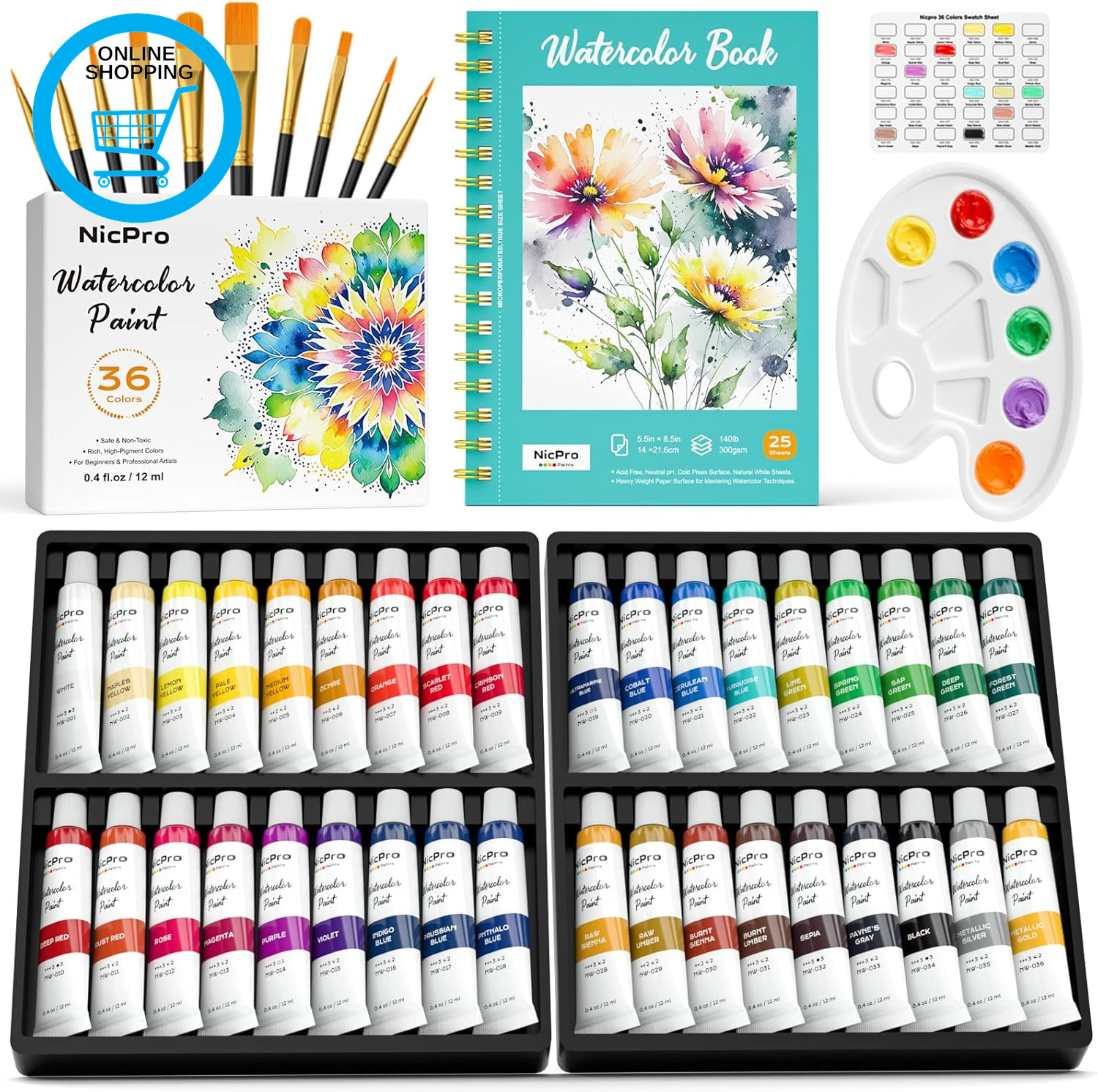 Watercolour Paint Set, 36 Colors Watercolour Tube Set (12Ml,0.4Oz) With10 Paint