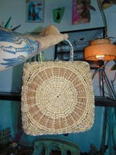 Oversized Vintage 1950's Shiny Patent Straw Wicker Handbag Purse Satchel Beige