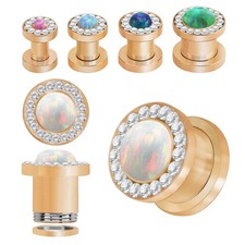 Opal Rose Gold Screw Fit Tunnel Gem Surgical Steel Double Flare Plug Sold Pair
