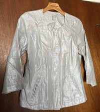 Chicos Linen Jacket Silver 0 4 6 S Foiled Metallic 3/4 Sleeves