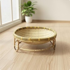 Bamboo Pet Basket Wicker Woven Cat Basket Pet Bed with Raised Base Rustic Indoor
