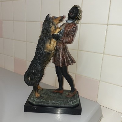 1991 Arte Romera Cold Cast Resin Sculpture Young Girl with Her Dog 12'' tall