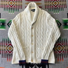 Vintage Polo Ralph Lauren Shawl Cardigan Sweater Mens Large White Cable Knit D6