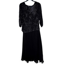 J Kara Womens Petite Floral Beaded Gown Black Gunmetal 14P NWT Formal