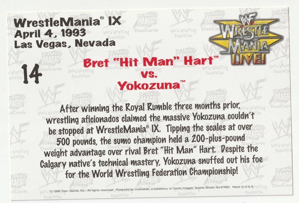1999 WWF WrestleMania Live Photocard #14 Bret Hart vs Yokozuna WWE WM IX X - Image 2 of 2
