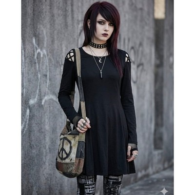 Hippie Chic Black Lattice Shoulder Skater Dress Long Sleeve Goth XL
