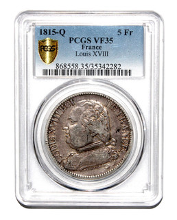 5 Francs Louis XVIII 1815 Q gradée VF35 par PCGS ! Bel état de conservation !