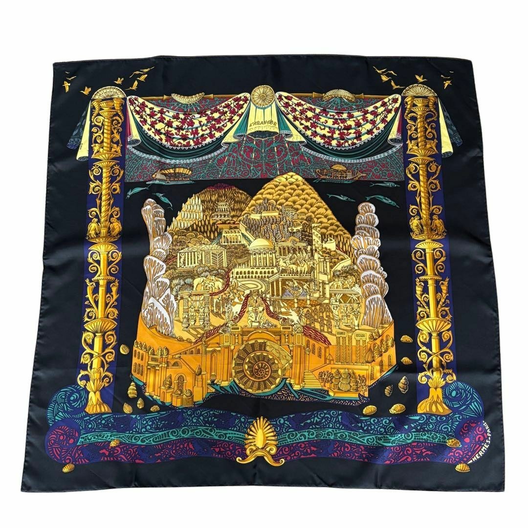 HERMES Carre 90 Atlantis Continent Silk Scarf Black Q26 Excellent Condition