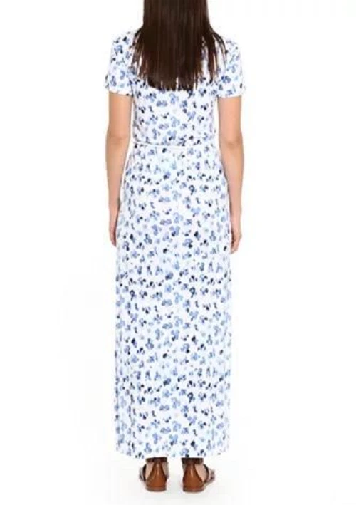 NUOVO ABITO MAXI CON CINTURA MICHAEL KORS BIANCO BLU FLOREALE COTONE TAGLIA XXL $98