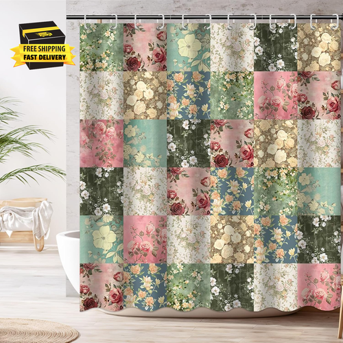 Boho Shower Curtain for Bathroom Vintage Floral Patchwork Shower Curtain with 12