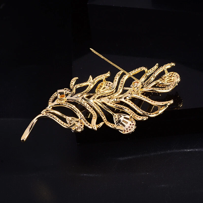 Broche prendedor pluma flor circonita cúbica transparente rosa brillante/verde Foto 4 de 4