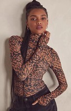 NWT FREE PEOPLE Sz L UNDER IT ALL PRINTED MESH BODYSUIT ANIMAL LEOPARD PRINT